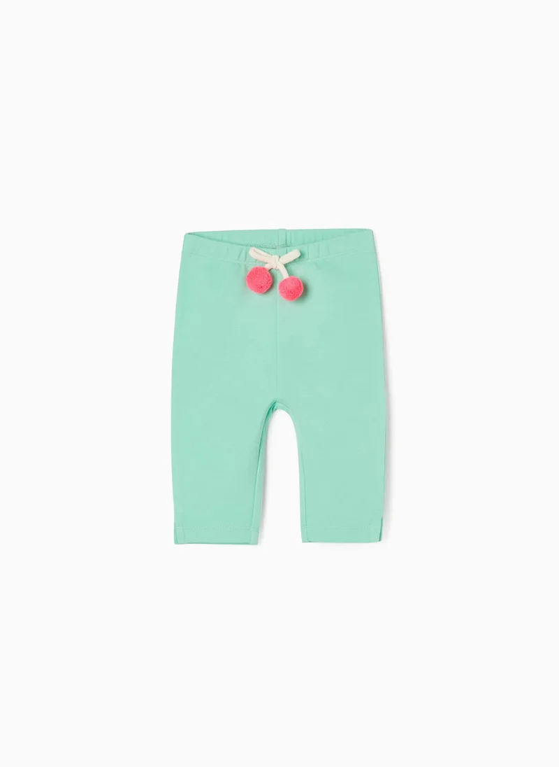 زيبي Cotton Leggings with Pom-poms for Baby Girls, Aqua Green