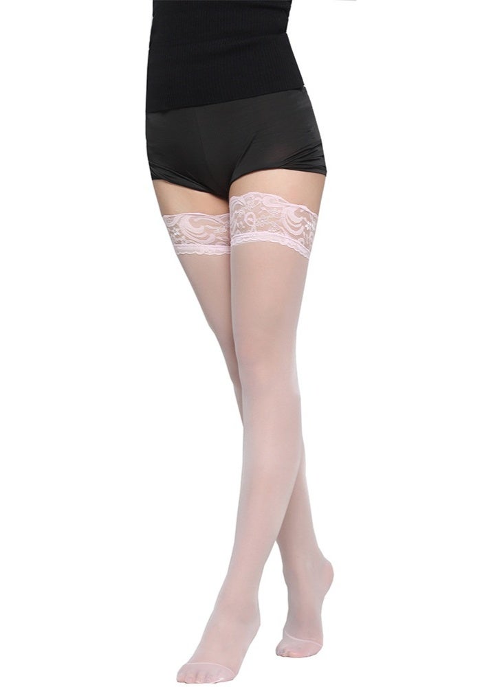 Layali Women Lace Top Thigh High Hold Up Stockings, Ultra Sheer Transparent Wide Lace Cuff Long Hosiery, High Stretch One Size Slimming Thigh Socks - Pink - Image 2