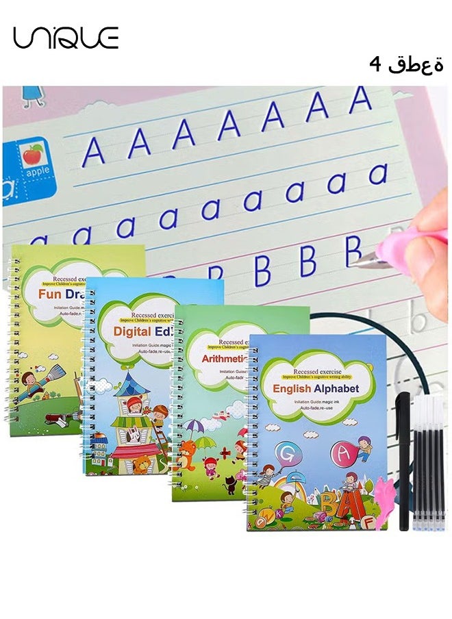 Unique New Magic Practice Print Copybook for kids, 4Packs Sank Reusable Magic Ink Handwriting Workbooks Set: Alphabet, Drawing, Math, Numbers, Pen, Refills &Holders  - Image 1