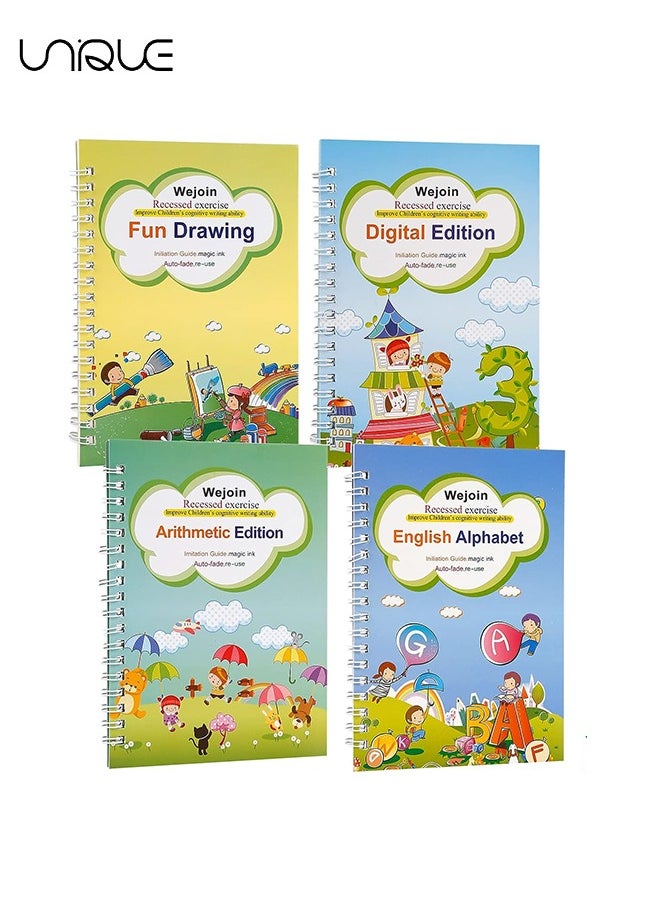 Unique New Magic Practice Print Copybook for kids, 4Packs Sank Reusable Magic Ink Handwriting Workbooks Set: Alphabet, Drawing, Math, Numbers, Pen, Refills &Holders  - Image 2