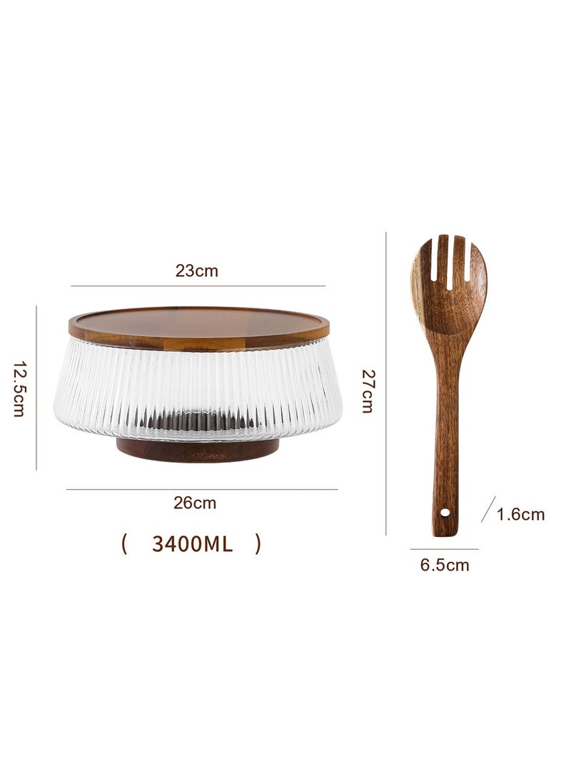 Glass Ribbed Salad Bowl with Acacia Wood Base, Lid, and Wooden Serving Tongs - Image 5