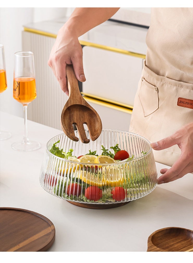 Glass Ribbed Salad Bowl with Acacia Wood Base, Lid, and Wooden Serving Tongs - Image 2