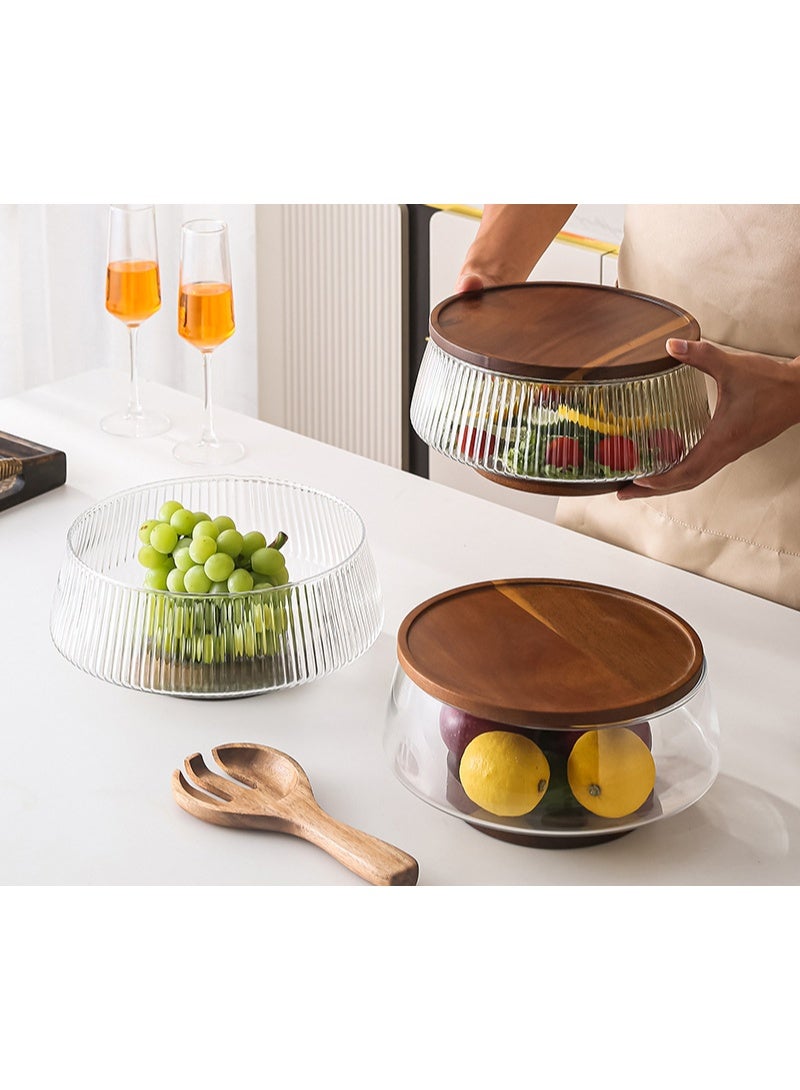 Glass Ribbed Salad Bowl with Acacia Wood Base, Lid, and Wooden Serving Tongs - Image 3