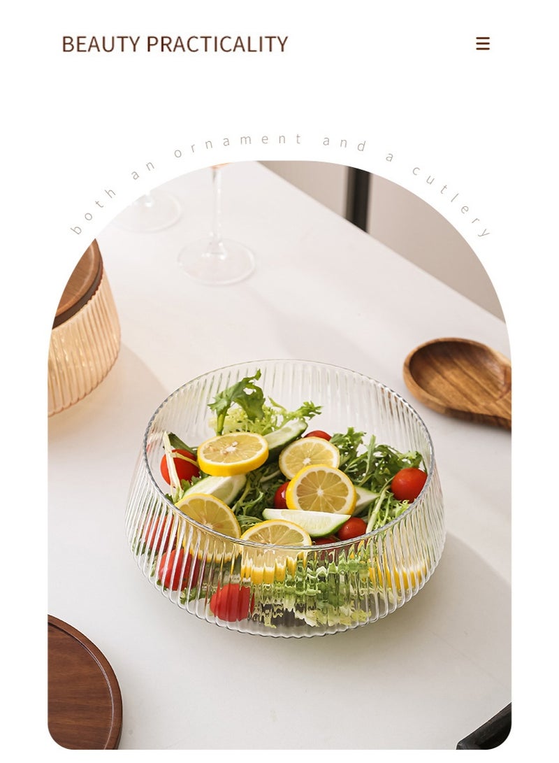Glass Ribbed Salad Bowl with Acacia Wood Base, Lid, and Wooden Serving Tongs - Image 4