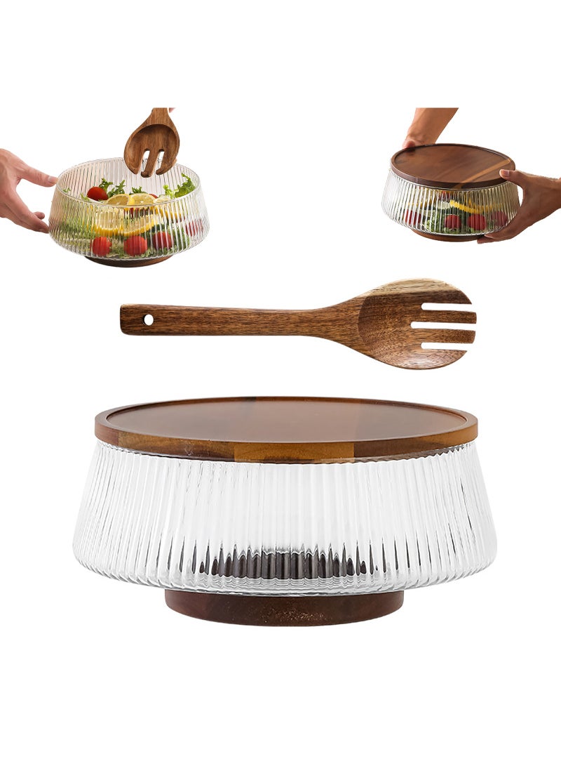 Glass Ribbed Salad Bowl with Acacia Wood Base, Lid, and Wooden Serving Tongs - Image 1