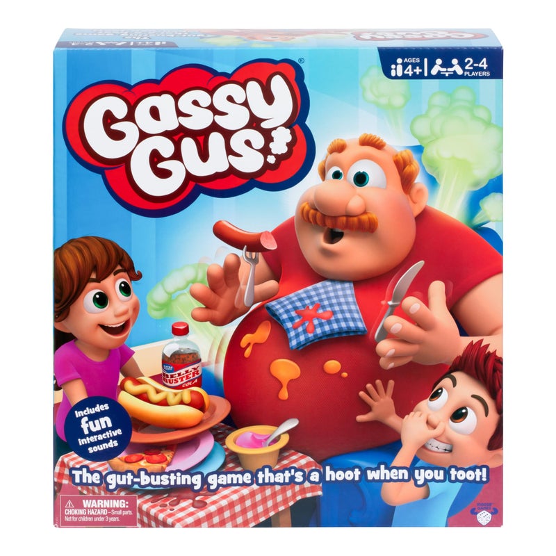 MOOSE Gassy Gus, Interactive Gut-Busting Game, Feed Gus Foods, Watch Out for Big Blast! Hilarious Sounds, 2-4 Players Ages 4+, with Inflatable Belly, 54 Cards, Instruction Manual, 1 Extra Belly Balloon - Image 1