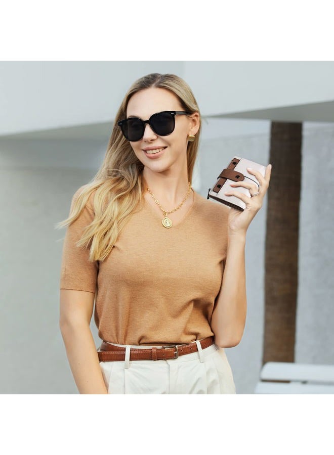 CLUCI Small Wallet for Women Leather Bifold Multi Mini Card Holder Organizer Designer Ladies Zipper Coin with Removable ID Window, 0 Beige with Brown - Image 2