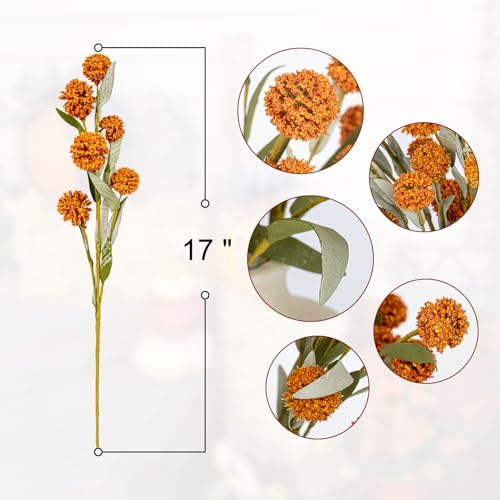 Yawwind 6 PCs Rustic Fall Flowers 17 Inches Boho Fall Floral Picks Faux Autumn Branches with Craspedia Orange Billy Balls Flowers for Vase Table Centerpieces Living Room Indoors Decor（Orange） - Image 2