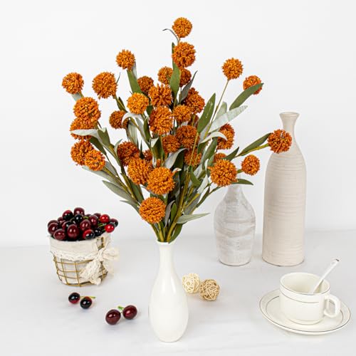 Yawwind 6 PCs Rustic Fall Flowers 17 Inches Boho Fall Floral Picks Faux Autumn Branches with Craspedia Orange Billy Balls Flowers for Vase Table Centerpieces Living Room Indoors Decor（Orange） - Image 3