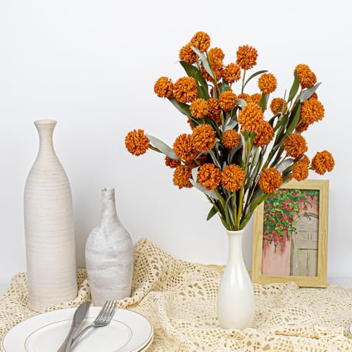 Yawwind 6 PCs Rustic Fall Flowers 17 Inches Boho Fall Floral Picks Faux Autumn Branches with Craspedia Orange Billy Balls Flowers for Vase Table Centerpieces Living Room Indoors Decor（Orange） - Image 5