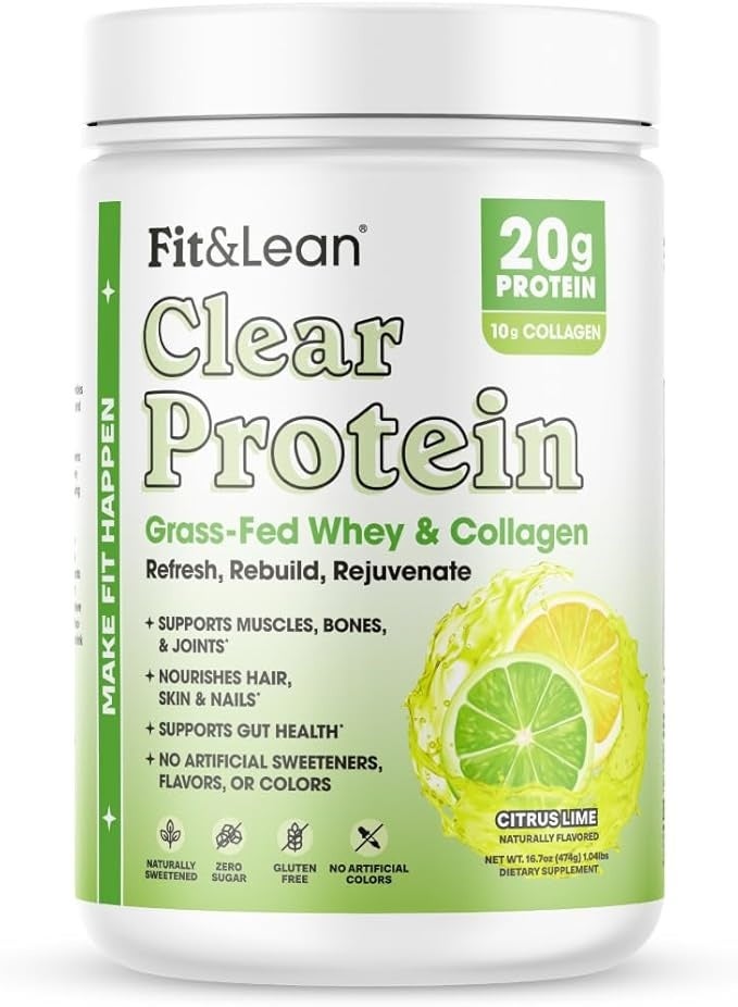 Fit & Lean Clear Protein Powder with Whey Isolate Protein and Collagen, Grass Fed, Muscle Recovery, Skin, Joints, GLP-1 Support, 0g Sugar, Citrus Lime, 20 Servings - Image 1