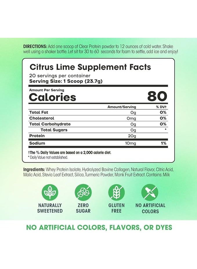 Fit & Lean Clear Protein Powder with Whey Isolate Protein and Collagen, Grass Fed, Muscle Recovery, Skin, Joints, GLP-1 Support, 0g Sugar, Citrus Lime, 20 Servings - Image 2