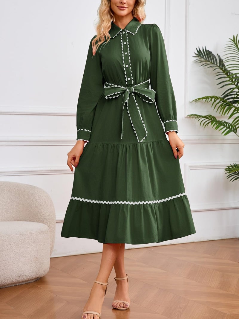 LifeShe Button Down Dress for Women 2026 Spring Casual Long Sleeve Belted Tie Elastic Waist Tiered Shirt Dresses Green - Image 5