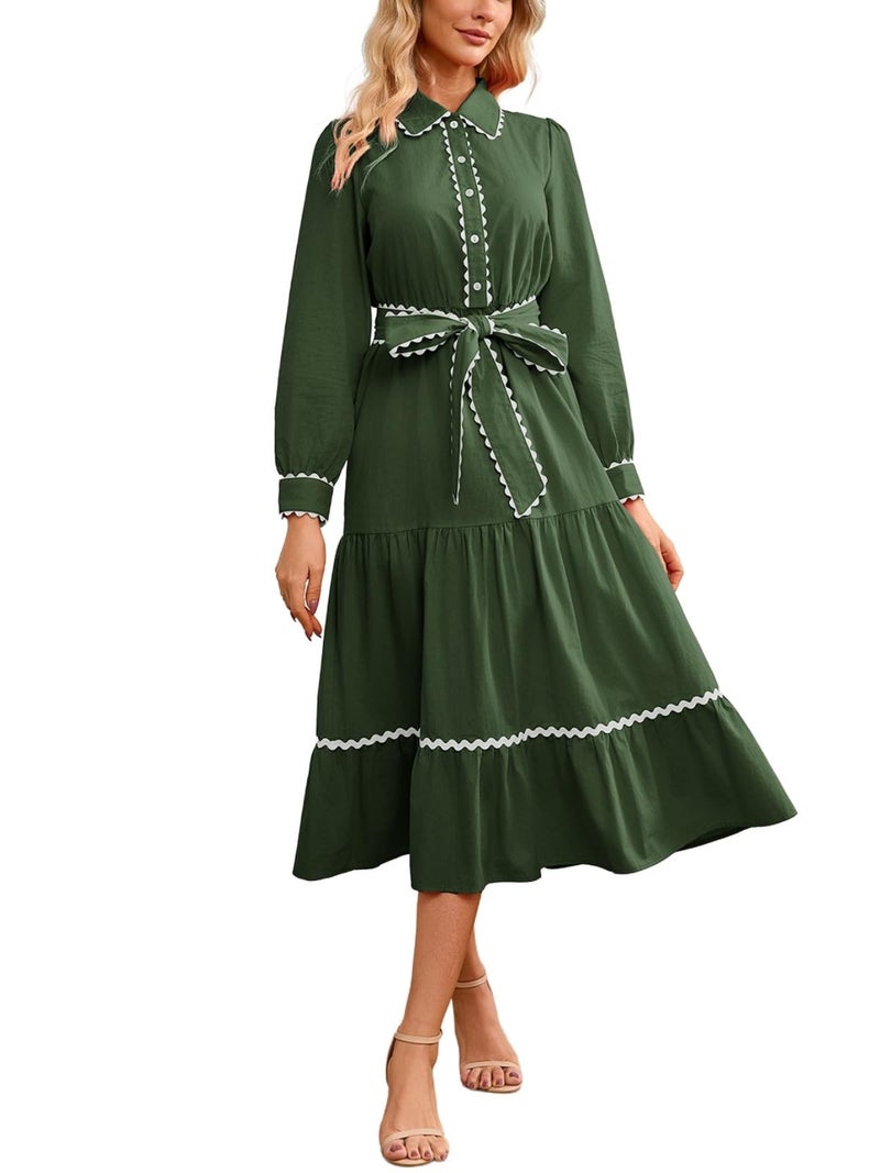 LifeShe Button Down Dress for Women 2026 Spring Casual Long Sleeve Belted Tie Elastic Waist Tiered Shirt Dresses Green - Image 1