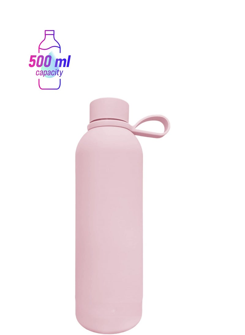 متجر الفرح زجاجة مياه من الفولاذ المقاوم للصدأ معزولة بترمس ناعم الملمس مع علامات عنق زجاجة مياه للسفر تدوم طويلاً للمشروبات الساخنة أو الباردة باللون الوردي 500 مل - Image 1