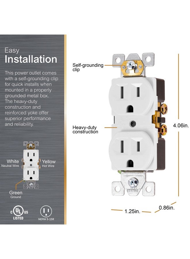 جي إي مقبس كهربائي GE UltraPro Duplex عالي التحمل، أبيض، منفذ حائط، نير معزز، مشبك تأريض ذاتي، 3 رؤوس، يدعم 15 أمبير، مُدرج في قائمة UL، رقم 42157 - Image 2