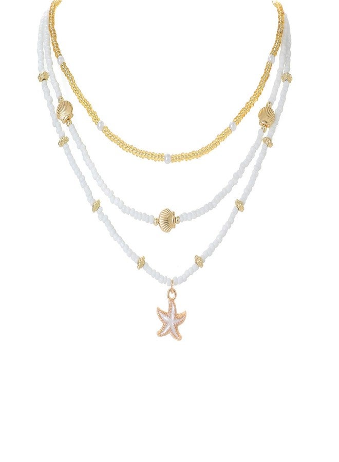 BharatBazaar Shell Necklace, Shell Jewellery for Women, Gold Plated Boho Layered Beaded Charm Pendant Necklace, Dainty Adjustable Pearl Conch Summer Beach Vacation Jewelry Gifts - Image 1