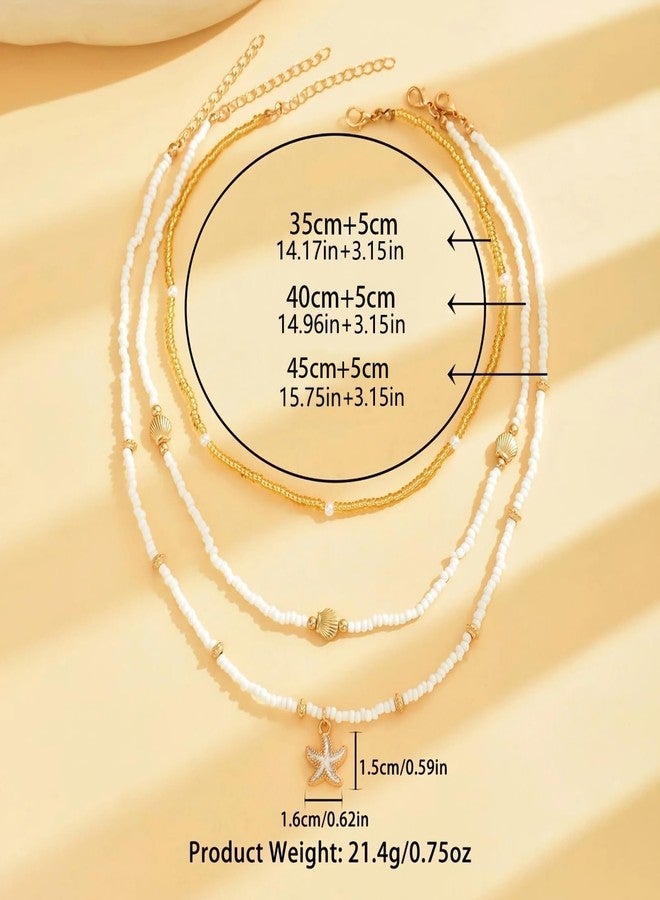 BharatBazaar Shell Necklace, Shell Jewellery for Women, Gold Plated Boho Layered Beaded Charm Pendant Necklace, Dainty Adjustable Pearl Conch Summer Beach Vacation Jewelry Gifts - Image 2