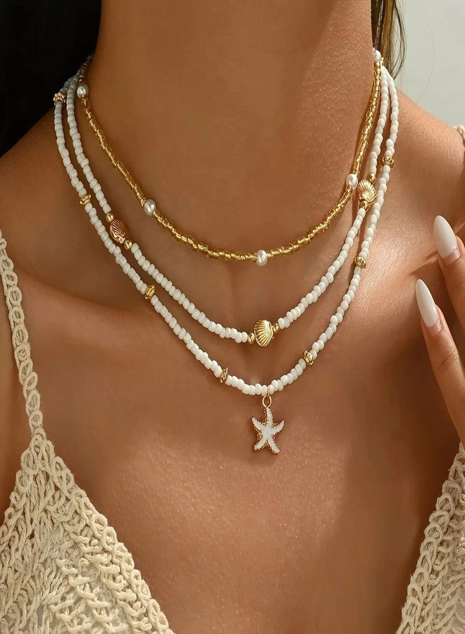 BharatBazaar Shell Necklace, Shell Jewellery for Women, Gold Plated Boho Layered Beaded Charm Pendant Necklace, Dainty Adjustable Pearl Conch Summer Beach Vacation Jewelry Gifts - Image 3