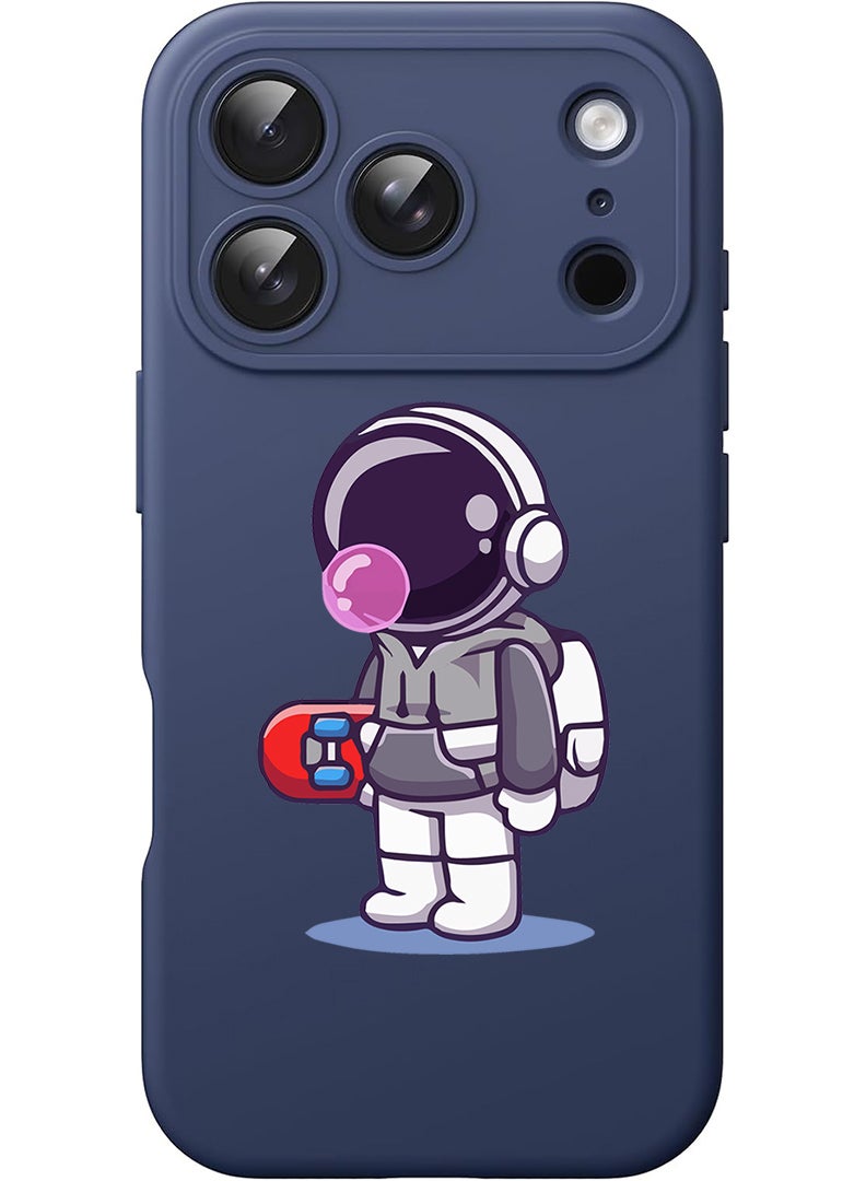 Theodor Protective Slim Fit Case Liquid Silicone Cover with Full Body Protection Anti-Scratch Shockproof Case For Apple iPhone 17 Pro Max (Blue) Astronaut holding skateboard - Image 1