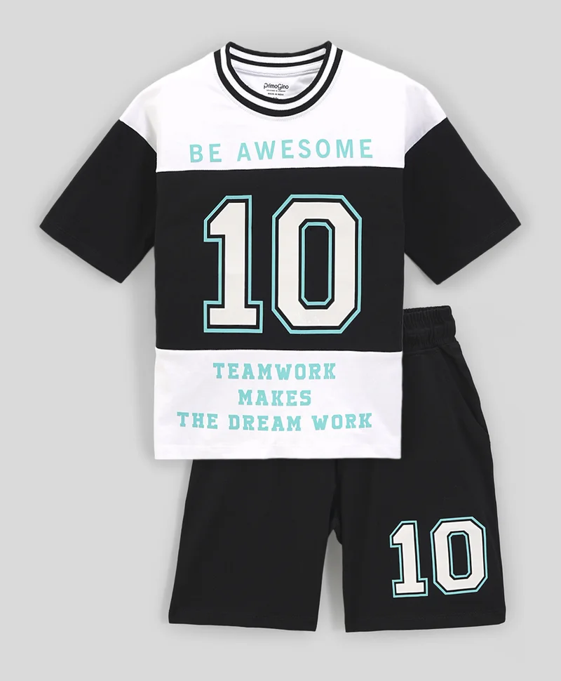 Primo Gino Primo Gino 100% Cotton Color Block Number Graphic Half Sleeves T-Shirt & Shorts Set- Black & White