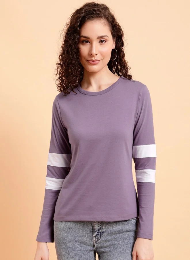 MINT STREET Lavender Striped Round Neck T-Shirt for Women