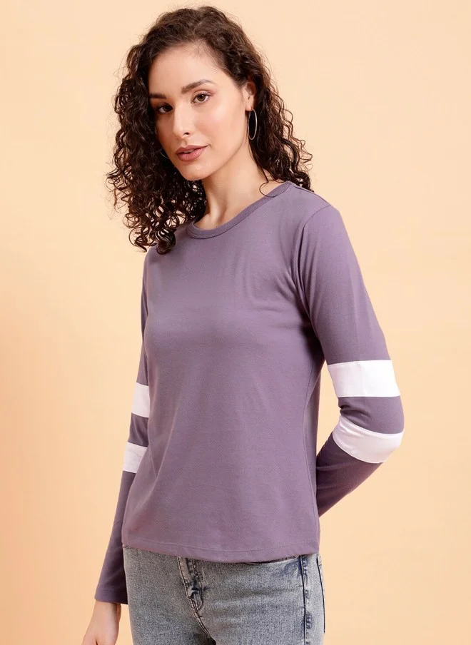 MINT STREET Lavender Striped Round Neck T-Shirt for Women