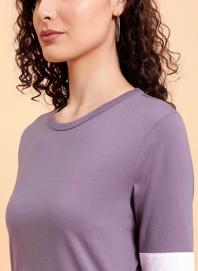 MINT STREET Lavender Striped Round Neck T-Shirt for Women