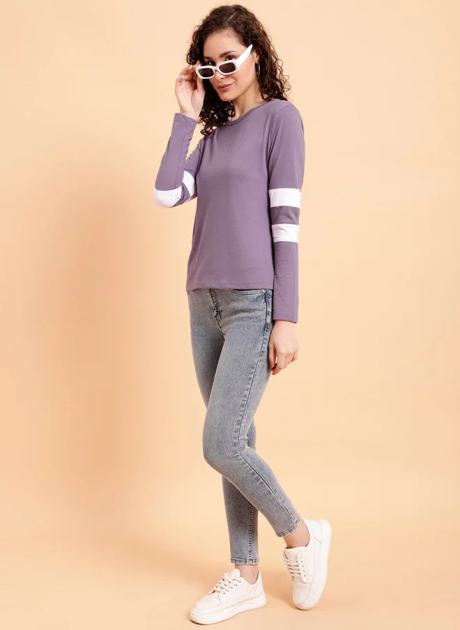 MINT STREET Lavender Striped Round Neck T-Shirt for Women