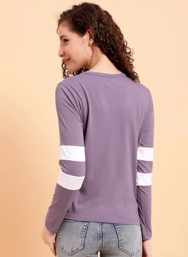 MINT STREET Lavender Striped Round Neck T-Shirt for Women