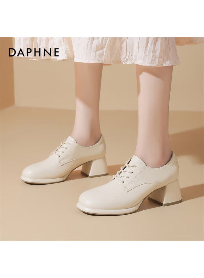 Daphne Women's Pumps, British Style, Chunky High Heels, Leather Shoes, Versatile For Commuting, Women's Footwear, 4024404030, Beige, Size 35 - Image 1