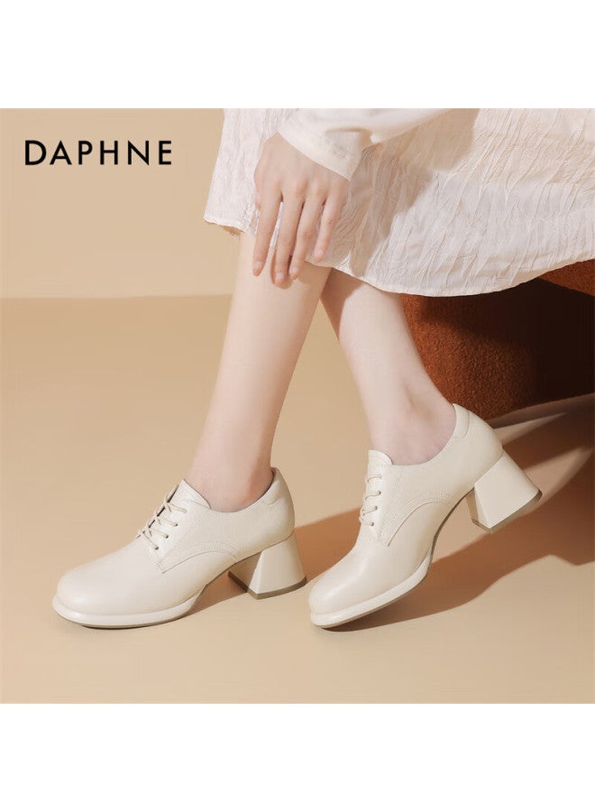 Daphne Women's Pumps, British Style, Chunky High Heels, Leather Shoes, Versatile For Commuting, Women's Footwear, 4024404030, Beige, Size 35 - Image 2
