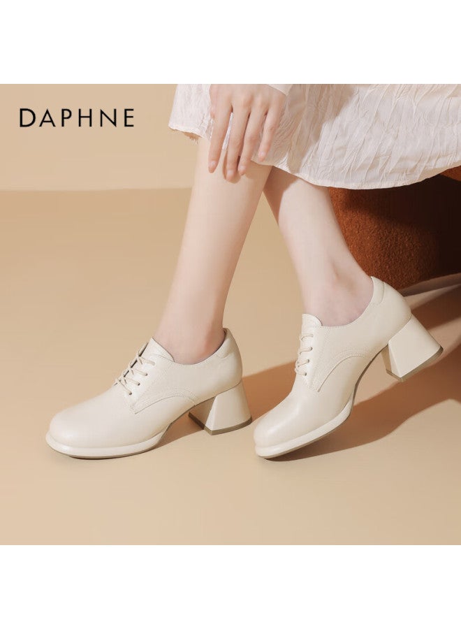Daphne Women's Pumps, British Style, Chunky High Heels, Leather Shoes, Versatile For Commuting, Women's Footwear, 4024404030, Beige, Size 35 - Image 3