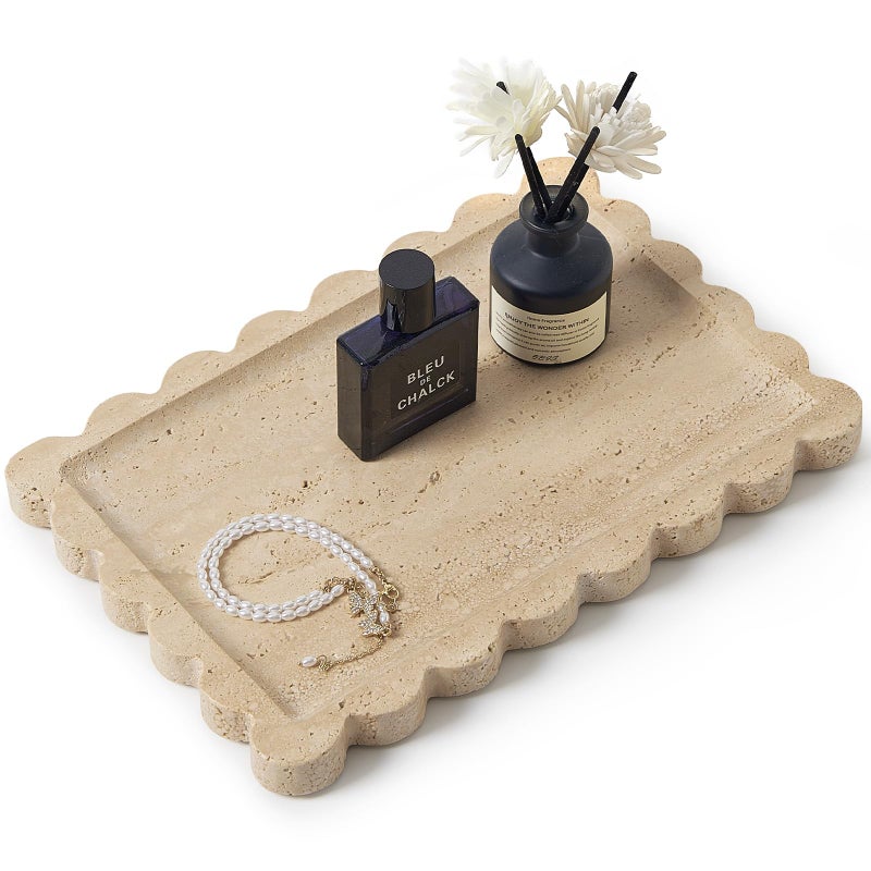 Zilukar Real Natural Scalloped Travertine Tray for Bathroom, Vanity, Kitchen and Desktop, Decorative Stone Tray for Jewelry, Cosmetics, Candles, Lotion, Perfume and Home DÃ©cor (Travertine, 12" x 8") - Image 1