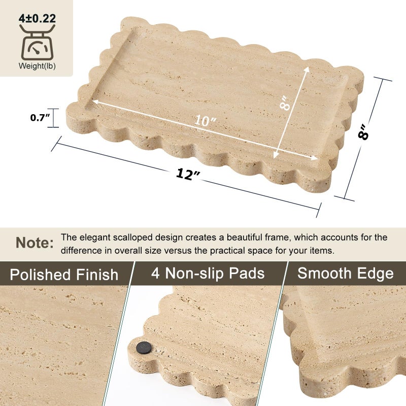 Zilukar Real Natural Scalloped Travertine Tray for Bathroom, Vanity, Kitchen and Desktop, Decorative Stone Tray for Jewelry, Cosmetics, Candles, Lotion, Perfume and Home DÃ©cor (Travertine, 12" x 8") - Image 2