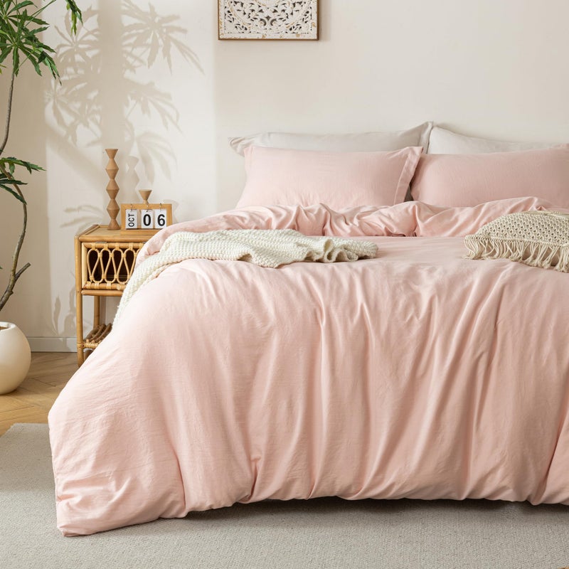 MILDLY Duvet Cover Set Pink - Washed Microfiber Bedding Set Full Size 2 Pieces with Zipper Closure, 1 Duvet Cover 80x90 inches and 2 Pillow Shams - Image 1