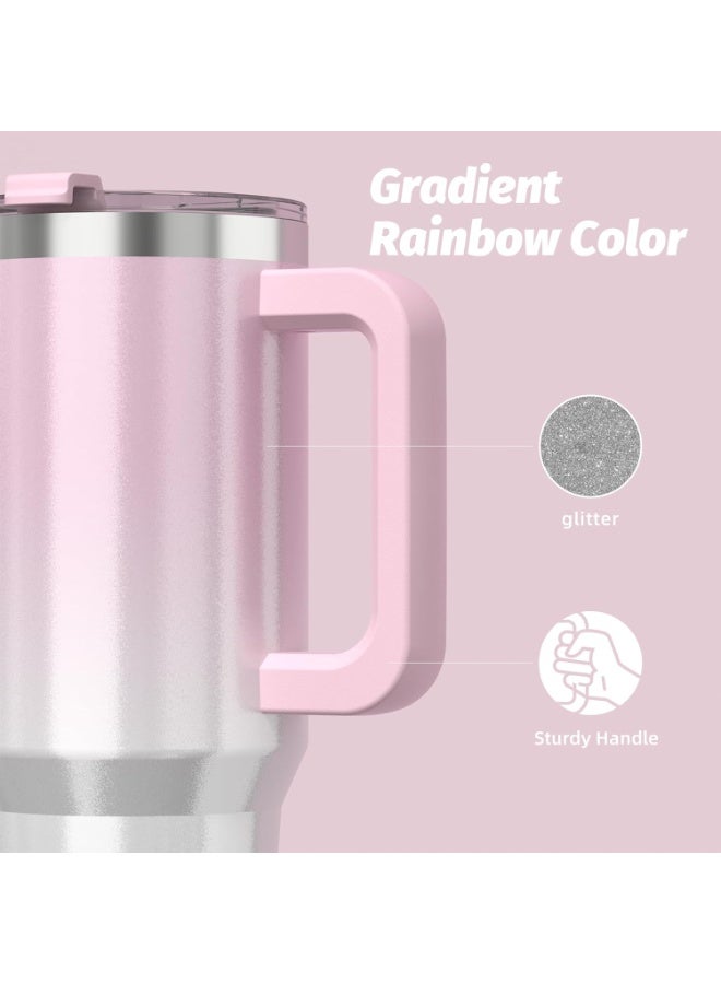 WATERSY 40 oz Coffee Mug to Go Thermal Mug Double-Walled Stainless Steel Vacuum Leak-Proof Drinking Cup with Handle and Straw Thermal Tumbler - Light Pink White - Image 5