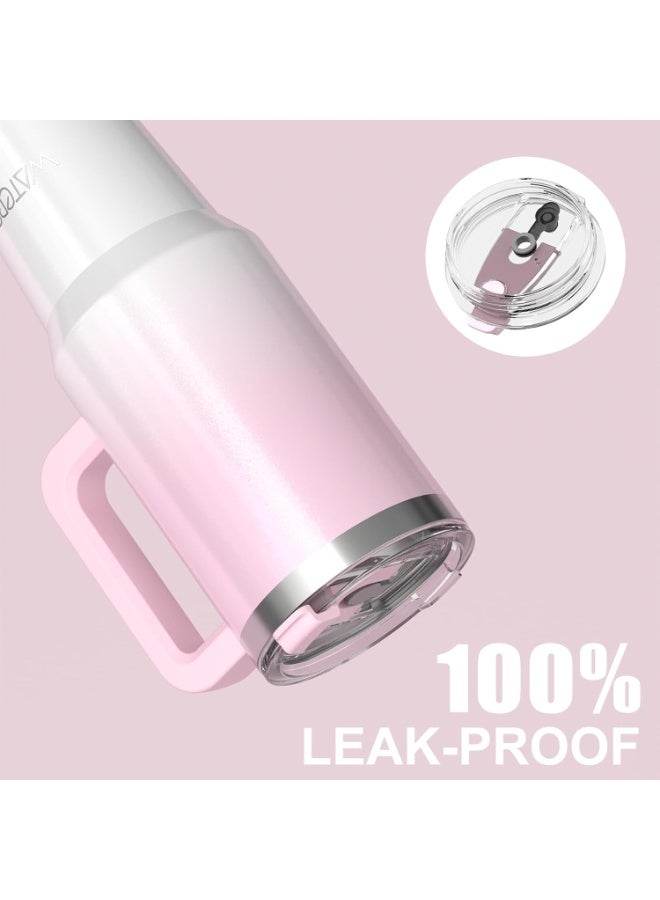 WATERSY 40 oz Coffee Mug to Go Thermal Mug Double-Walled Stainless Steel Vacuum Leak-Proof Drinking Cup with Handle and Straw Thermal Tumbler - Light Pink White - Image 2