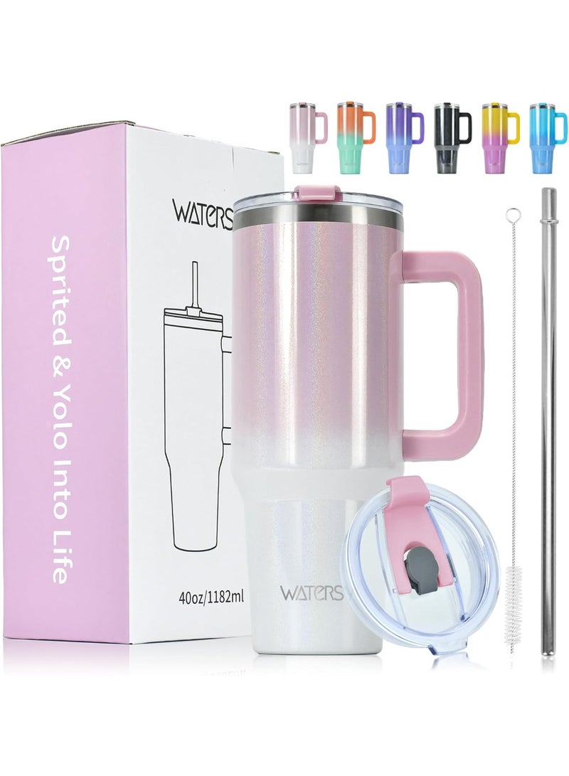WATERSY 40 oz Coffee Mug to Go Thermal Mug Double-Walled Stainless Steel Vacuum Leak-Proof Drinking Cup with Handle and Straw Thermal Tumbler - Light Pink White - Image 1