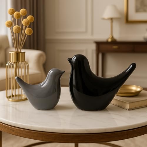 SRJANA Creative Black and Grey Glossy Ceramic Birds Figurines Home Decorations Accessories Party (Pack of 2, Black and Grey) - Image 1