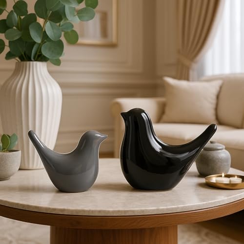 SRJANA Creative Black and Grey Glossy Ceramic Birds Figurines Home Decorations Accessories Party (Pack of 2, Black and Grey) - Image 2