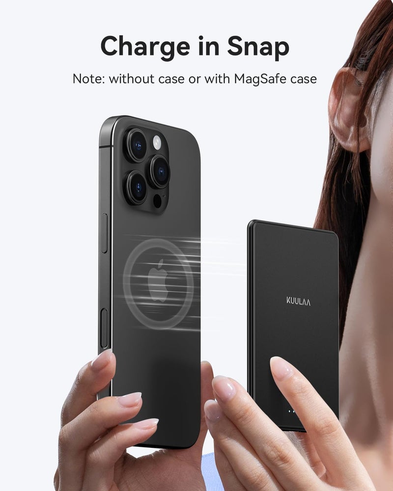 KUULAA Magsafe Power Bank 5000mAh 20W, Wireless Portable Charger Fast Charging, Magnetic Battery Pack Compatible with iPhone 17/16/15/14/13/12 Serie - Matte Black - Image 3