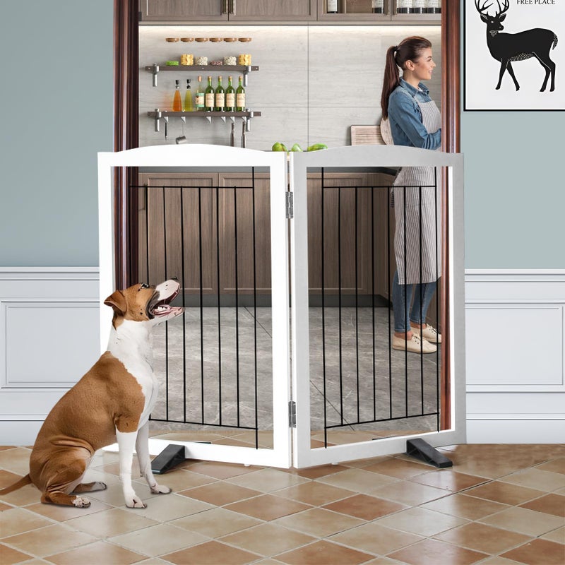 ZJSF Freestanding Dog Fence Indoor, Foldable Dog Gate for Doorways, Stairs or Hallways, Sturdy Wood Extra Wide Pet Gate with Support Feet for The House, White, 32 "Height-2 Panels - Image 2