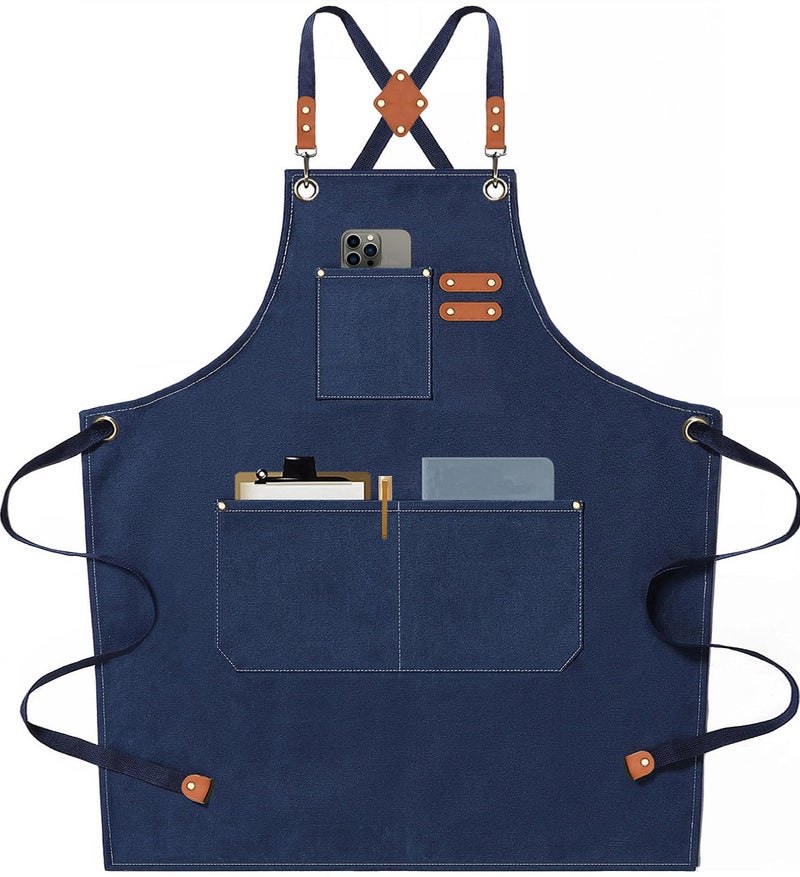 AFUN Chef Aprons for Men Women with Oversized Pockets 16Ounce Cotton Canvas Cross Back Heavy Duty Work Apron Dark Blue