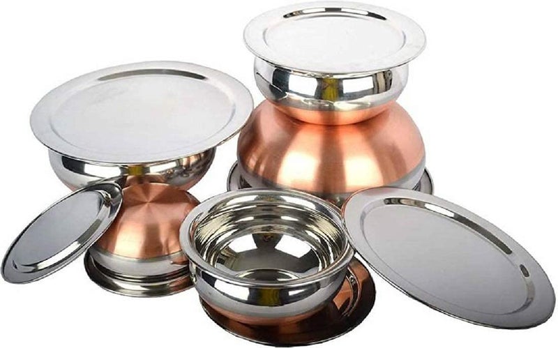 VARSHA INTERNATIONAL Stainless Steel Copper Bottom Handi/patila/Pot Biryani Punjabi Handi Set with Lid 5 Pieces Set (Capacity :- 400, 1200, 1600 ML) Pack of 3 - Image 2