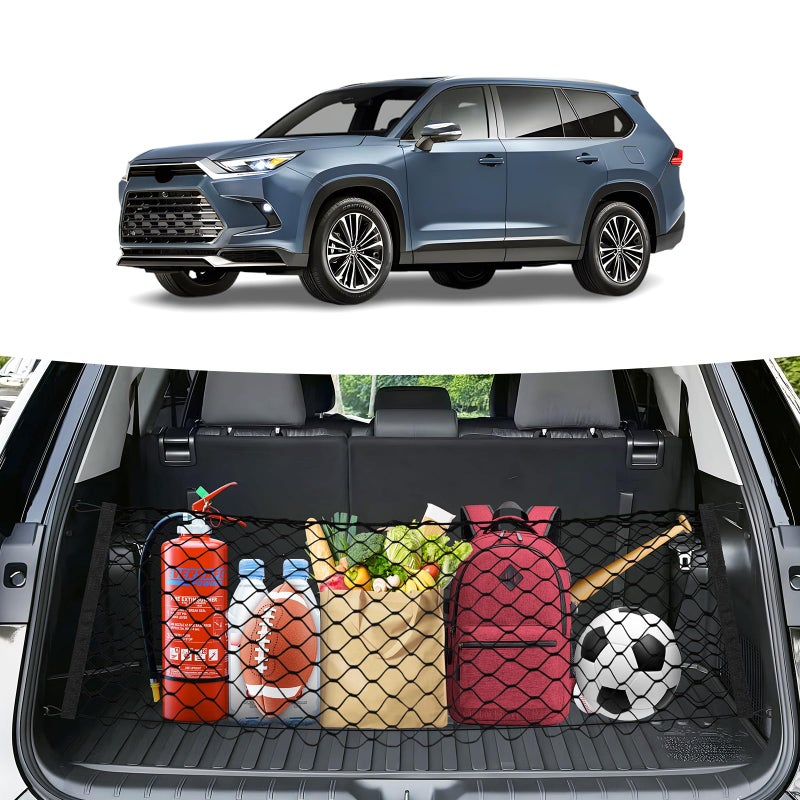 Canvcle Trunk Cargo Net for 2024-2025 2026 Toyota Grand Highlander Accessories Envelope Style Mesh Trunk Net Organizer and Storage Stretchable Adjustable Elastic Nylon Rear Cargo Netting with Hooks - Image 1