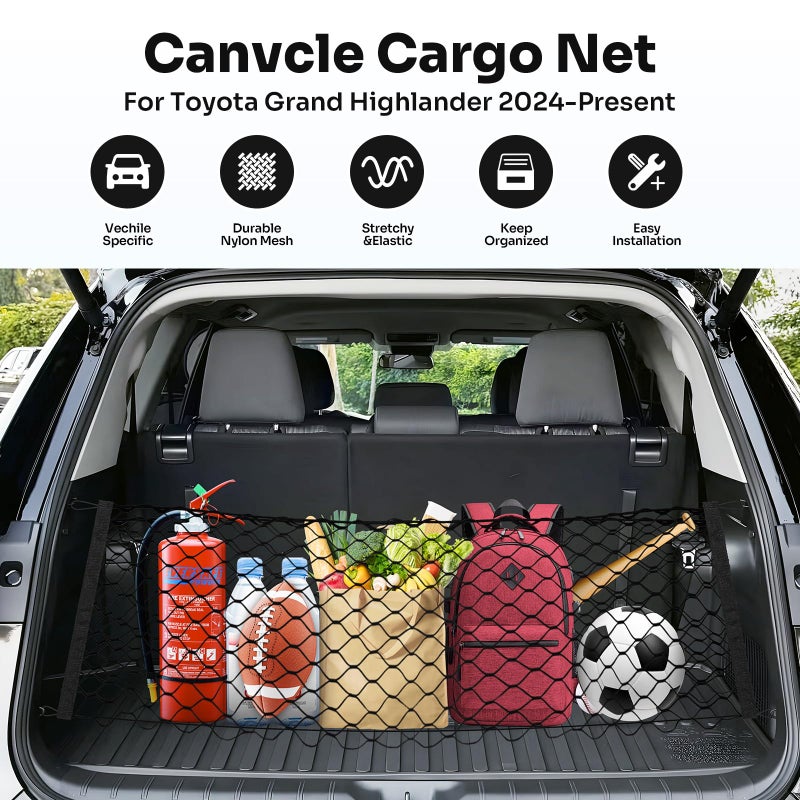 Canvcle Trunk Cargo Net for 2024-2025 2026 Toyota Grand Highlander Accessories Envelope Style Mesh Trunk Net Organizer and Storage Stretchable Adjustable Elastic Nylon Rear Cargo Netting with Hooks - Image 2