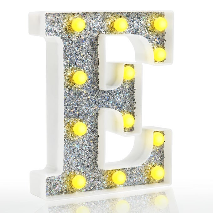 LED MARQUEE LIGHT UP SILVER LETTER E GLITTER ALPHABET SIGN BATTERY POWERED FOR NIGHT LIGHT BIRTHDAY PARTY WEDDING GIRLS GIFTS HOME BAR CHRISTMAS DECORATION