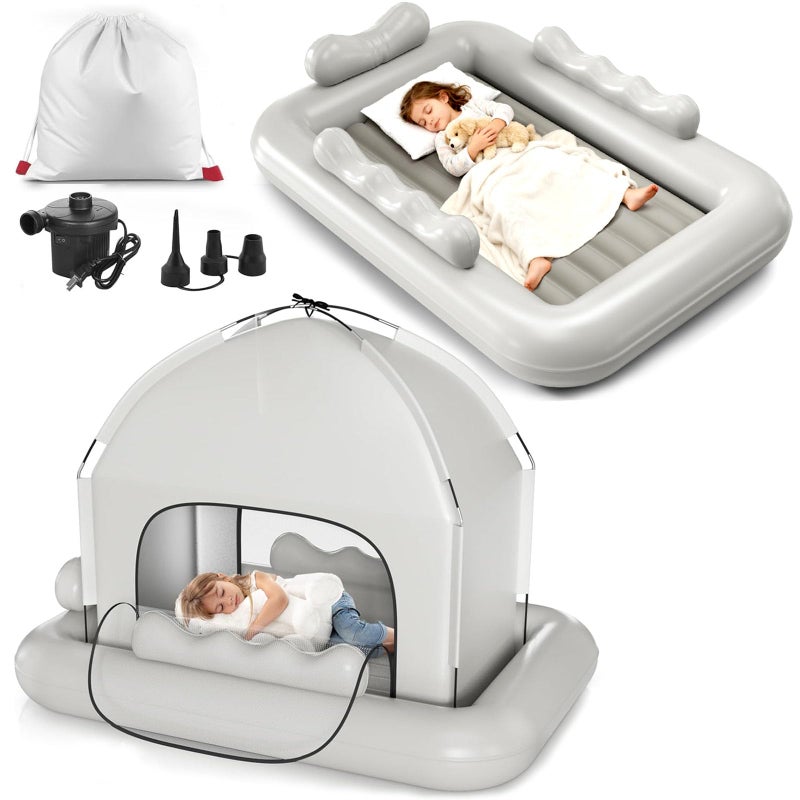 whiffee Inflatable Toddler Travel Bed with Tent â€“ Foldable Portable Toddler Bed Cot - Blow Up Kids Air Mattress with Safety Sides, Pump Carry Bag â€“ Indoor Outdoor Nap Bed for Home, Camping, Hotel (Grey) - Image 1