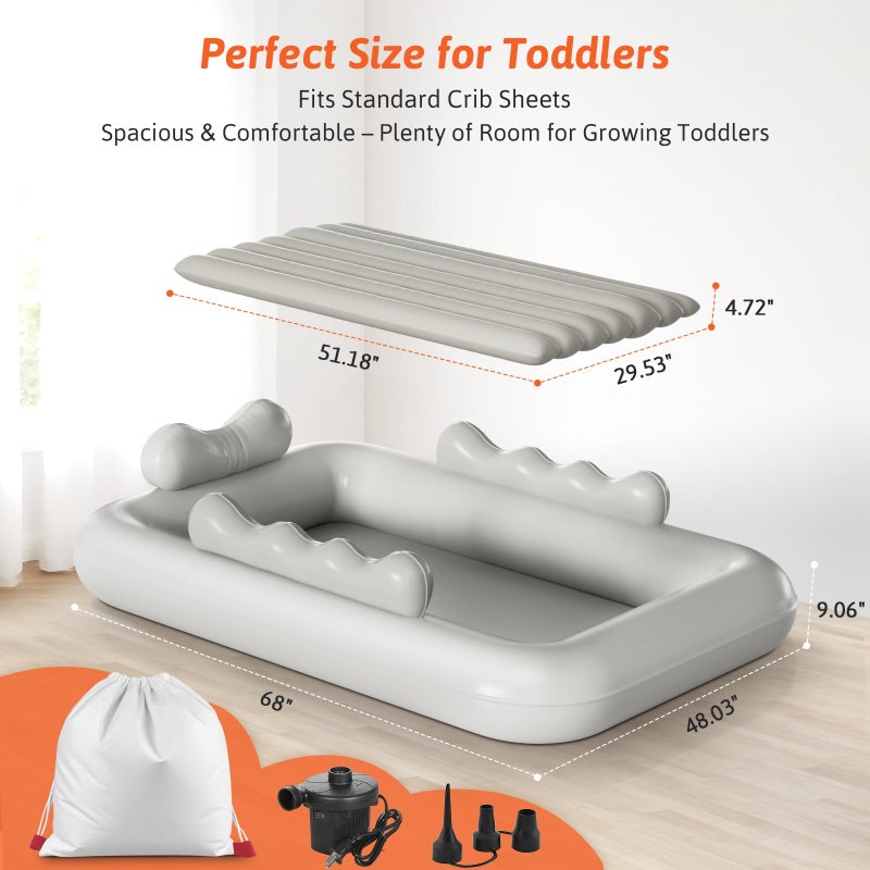 whiffee Inflatable Toddler Travel Bed with Tent â€“ Foldable Portable Toddler Bed Cot - Blow Up Kids Air Mattress with Safety Sides, Pump Carry Bag â€“ Indoor Outdoor Nap Bed for Home, Camping, Hotel (Grey) - Image 3